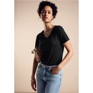 Street One Dames Geribd T-shirt in Zwart, in size: 38