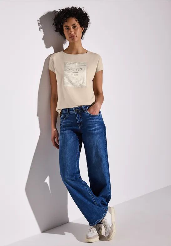 Shirt met satijnen patch, Katoen Beige, 34