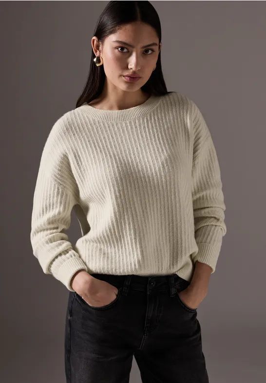 Street One - Studio - Gebreide Trui - Beige - Met Structuurpatroon