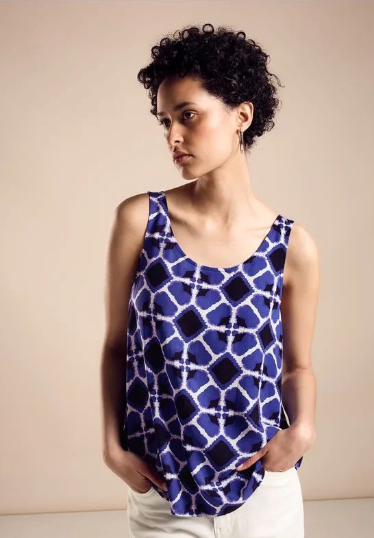 Street One - Blousetop - Blauw - Mouwloos - Grafisch Patroon, Zachte Viscosestof