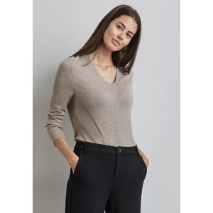 Street One - Dames - Gebreide Trui - Beige - V-hals, Lange Mouwen, Viscosemix