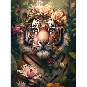 Tijger met bloemen Diamond Painting, 45x60 DP met Ronde steentjes, volledige bedekking.