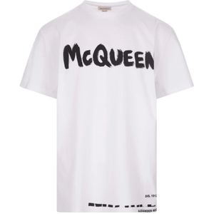 Alexander McQueen, Tops, Heren, Wit, S, Katoen, Graffiti Lettering Wit Katoenen T-shirt