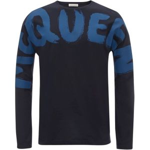 Alexander McQueen, Tops, Heren, Blauw, S, Katoen, Blauwe Logo Print Katoenen T-shirt