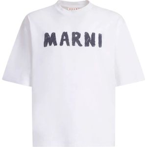 Marni, Tops, Heren, Wit, S, Katoen, Wit Logo Print Crew Neck T-shirt