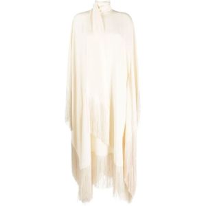 Taller Marmo, Kleedjes, Dames, Beige, ONE Size, Ivoor Fringed Midi Jurk met Hoge Hals