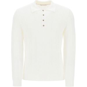 Brunello Cucinelli, Gebreid poloshirt met lange mouwen Wit, Heren, Maat:M