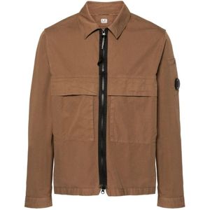 C.p. Company, Jassen, Heren, Bruin, L, Katoen, Aarde Bruine Gabardine Shirt Bril Detail