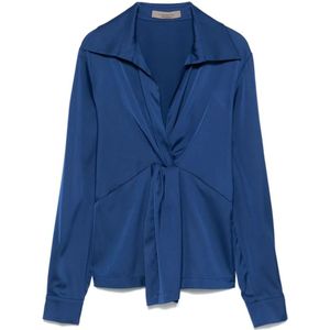 D.Exterior, Blouses & Shirts, Dames, Blauw, L, Satijn, Blauwe Satijnen Blouse met Italiaanse Kraag