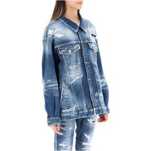 Dsquared2, Jassen, Dames, Blauw, 3Xs, Denim, Oversized Spijkerjasje in Vernietigde Denim