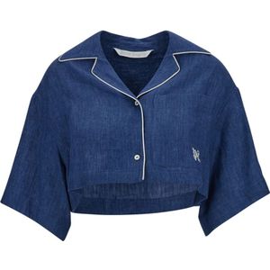Palm Angels, Monogram Linnen Crop Shirt Indigo Blauw Blauw, Dames, Maat:XS