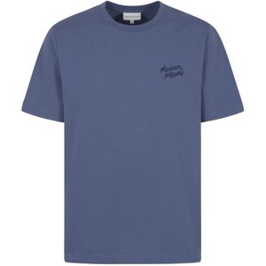 Maison Kitsuné, Tops, Heren, Blauw, S, Katoen, Handgeschreven Comfort T-shirt