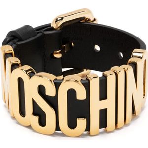 Moschino, Geëmbosteerd Logo Leren Armband Zwart, Dames, Maat:ONE Size