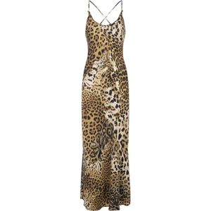 Roberto Cavalli, Kleedjes, Dames, Bruin, 2Xs, Zijden midi-jurk met luipaardprint
