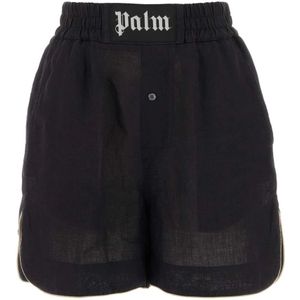 Palm Angels, Korte broeken, Dames, Zwart, S, Linnen, Zwarte linnen shorts