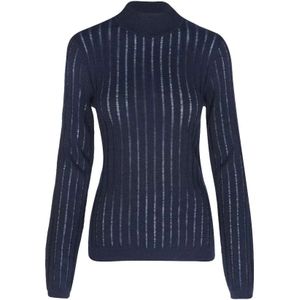 Hugo Boss, Truien, Dames, Blauw, M, Wol, Turtleneck Sweater met Doorzichtig Patroon