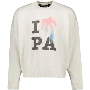 Palm Angels, Truien, Heren, Wit, S, Gedrukt Logo Ronde Hals Sweater