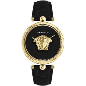Versace, Zwart en Goud Palazzo Leren Horloge Geel, Dames, Maat:ONE Size