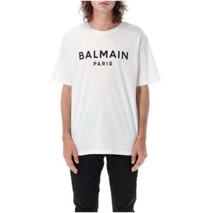Balmain, Tops, Heren, Wit, S, Katoen, Logo T-Shirt met Ronde Hals en Korte Mouwen