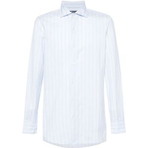 Finamore, Overhemden, Heren, Wit, XL, Katoen, Blauw en wit gestreept overhemd