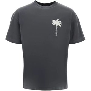 Palm Angels, Tops, Heren, Grijs, M, Katoen, Versleten Palm Print Katoenen T-shirt
