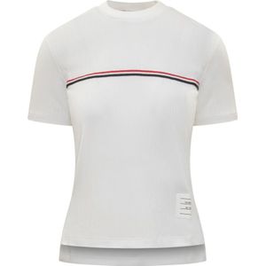 Thom Browne, Korte mouwen T-shirt met ronde hals en logo borduursel Wit, Dames, Maat:2XS