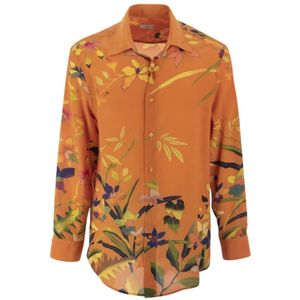 Etro, Ramage Bloemen Zijden Overhemd Oranje, Heren, Maat:M