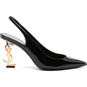 Saint Laurent, Schoenen, Dames, Zwart, 37 1/2 EU, Leer, Zwarte Patent Slingback Pumps met Gouden Logo