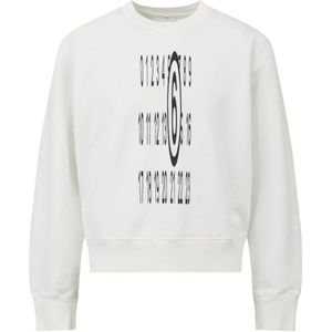 MM6 Maison Margiela, Sweatshirts & Hoodies, Heren, Wit, S, Katoen, Witte Logo Print Crew Neck Sweater