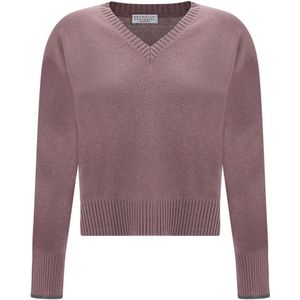 Brunello Cucinelli, Truien, Dames, Roze, M, Kasjmier, Roze Cashmere Trui met V-Hals