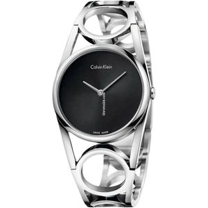 Calvin Klein, Accessoires, Dames, Zwart, ONE Size, Ronde Quartz Horloge met Zwarte Wijzerplaat en Roestvrijstalen Kast