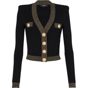 Balmain, Truien, Dames, Zwart, L, Polyester, Gouden Trim Gebreide Vest