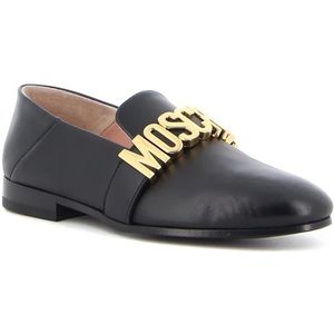 Moschino, Schoenen, Dames, Zwart, 37 EU, Leer, Zwarte Metallic Logo Slipper