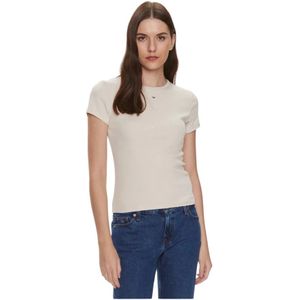 Tommy Jeans, Tops, Dames, Beige, XS, Katoen, Geribbelde Katoenen Slim Fit T-shirt