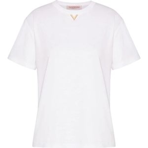 Valentino Garavani, Tops, Dames, Wit, L, Katoen, Witte Katoenen Jersey V-Logo T-shirt