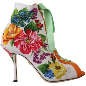 Dolce & Gabbana, Schoenen, Dames, Wit, 38 1/2 EU, Hoge Laarzen met Multicolor Bloemenprint