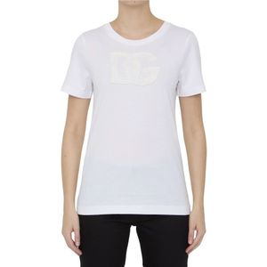 Dolce & Gabbana, Tops, Dames, Wit, M, Katoen, Witte T-shirt met Kant Logo
