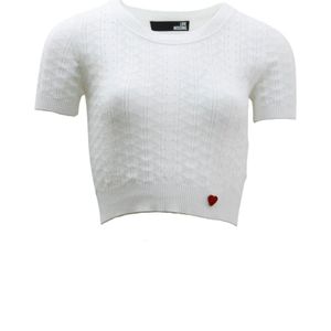 Love Moschino, Korte mouwen katoenen jersey met rode hartinzet Wit, Dames, Maat:S