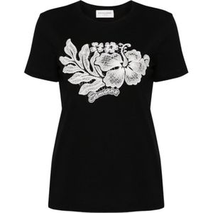 Ermanno Scervino, Tops, Dames, Zwart, XS, Katoen, Bloemen Geborduurd Katoenen T-shirt