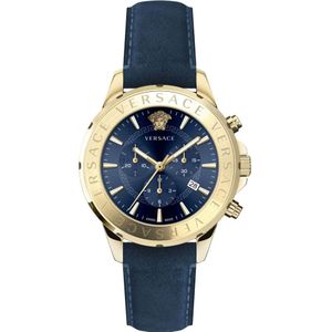 Versace, Accessoires, Heren, Geel, ONE Size, Signature Chronograaf Lederen Blauw Horloge