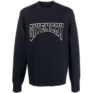 Givenchy, Sweatshirts & Hoodies, Heren, Blauw, L, Wol, Blauwe Logo-Patches Gebreide Trui