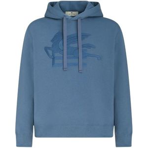 Etro, Logo-geborduurde katoenen hoodie Blauw, Heren, Maat:L