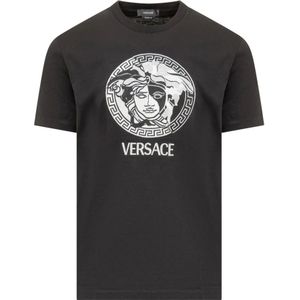 Versace, Tops, Heren, Zwart, L, Zwart Crew Neck T-shirt met Geborduurd Medusa Logo