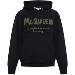 Alexander McQueen, Sweatshirts & Hoodies, Heren, Zwart, XL, Katoen, Bedrukte hoodie
