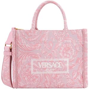 Versace, Tassen, Dames, Roze, ONE Size, Katoen, Barocco Canvas Handtas met Vintage Logo