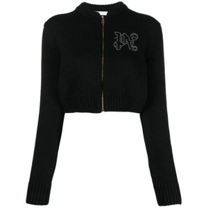 Palm Angels, Truien, Dames, Zwart, M, Zwarte Monogram Stud Rits Cardigan