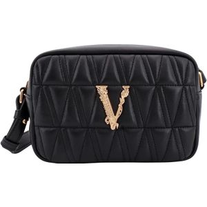 Versace, Tassen, Dames, Zwart, ONE Size, Leer, Matelassé Leren Schoudertas met V Barocco Logo