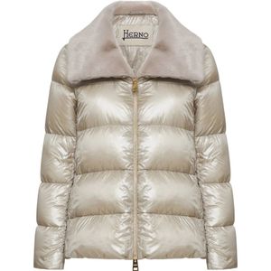 Herno, Jassen, Dames, Beige, XL, Nylon, Gewatteerde Nylon Donsbomberjack met Nepbontkraag