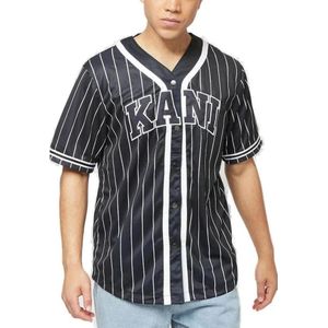 Karl Kani, Overhemden, Heren, Zwart, M, Polyester, Pinstripe Baseball Shirt Lente/Zomer Collectie