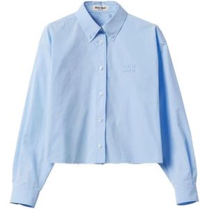 Miu Miu, Blouses & Shirts, Dames, Blauw, XS, Blauwe Poplin Logo Shirt Klassieke Kraag